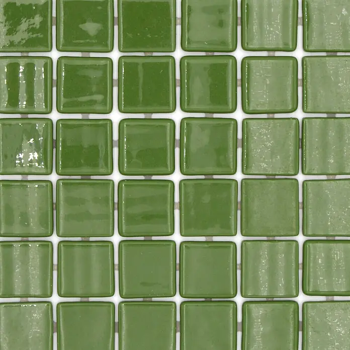 Mosaikfliese Quadrat Eco VP25602PUR - 31,6 x 31,6 cm, Glas, Dunkelgrün, Glänzend - Grüne glänzende Rautenmosaikfliesen mit leichten Farbvariationen.