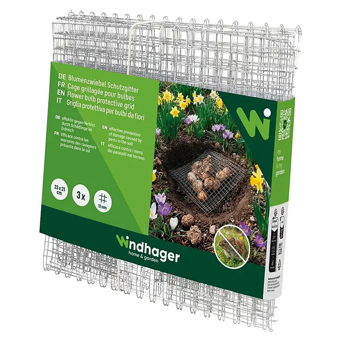Windhager Schutzgitter - Silber, L x B x H: 23 x 21 x 5 cm - Schutzgitter aus Metall für Blumenzwiebeln (3er-Pack, 23x21cm, 12mm Maschenweite) zum Schutz vor Schädlingen.