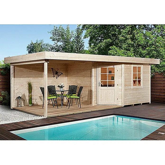 Weka Gartenhaus Fides III - Holz, Natur, 12,88 m² - Moderne Gartensauna mit Pool. Das Holzhaus bietet Entspannung und Wellness im eigenen Garten und lädt zum Verweilen ein.