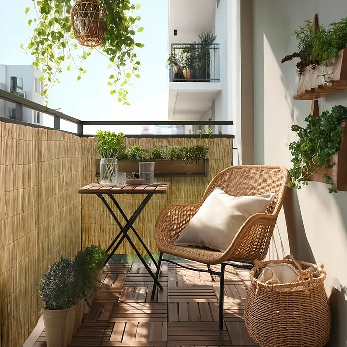 Windhager Sichtschutzmatte Toyama - L x H: 300 x 100 cm, Natur - Natürlicher Bambus-Sichtschutz am Balkongeländer, der einen gemütlichen Außenbereich mit Pflanzen und Möbeln schafft.