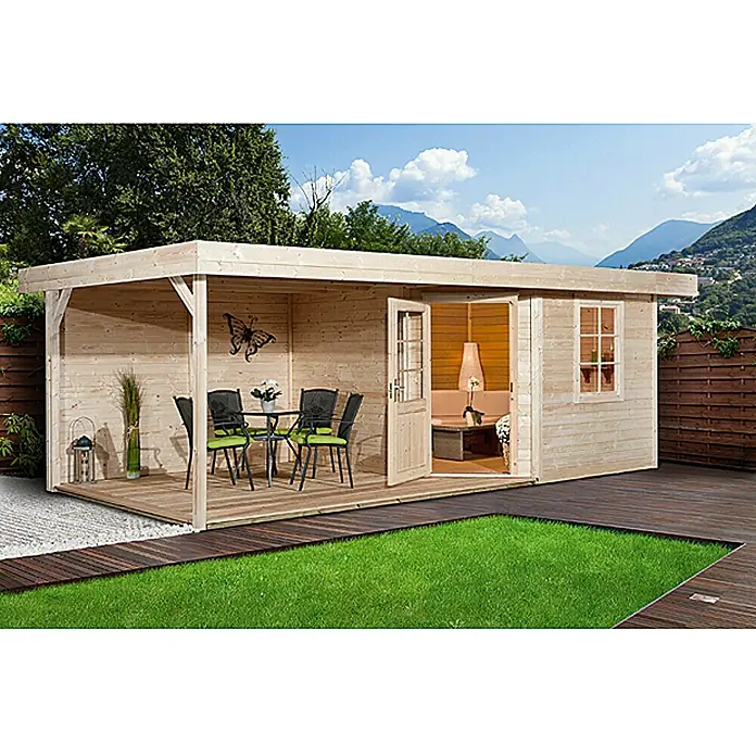 Weka Gartenhaus Fides III - Holz, Natur, 12,88 m² - Ein modernes Gartenhaus mit offenem Wohnbereich, ideal für Entspannung und gesellige Stunden im Freien.