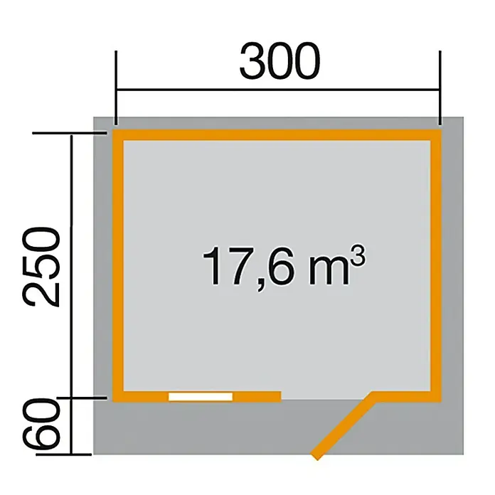 Weka Gartenhaus Napoli - Außenmaß inkl. Dachüberstand (B x T): 380 x 324 cm, Holz, Natur, 7,5 m² - Abbildung eines Grundrisses mit Maßen und Angabe des Volumens von 17,6 m³, der ein Lagerhaus, eine Garage oder einen Abstellraum darstellen könnte.
