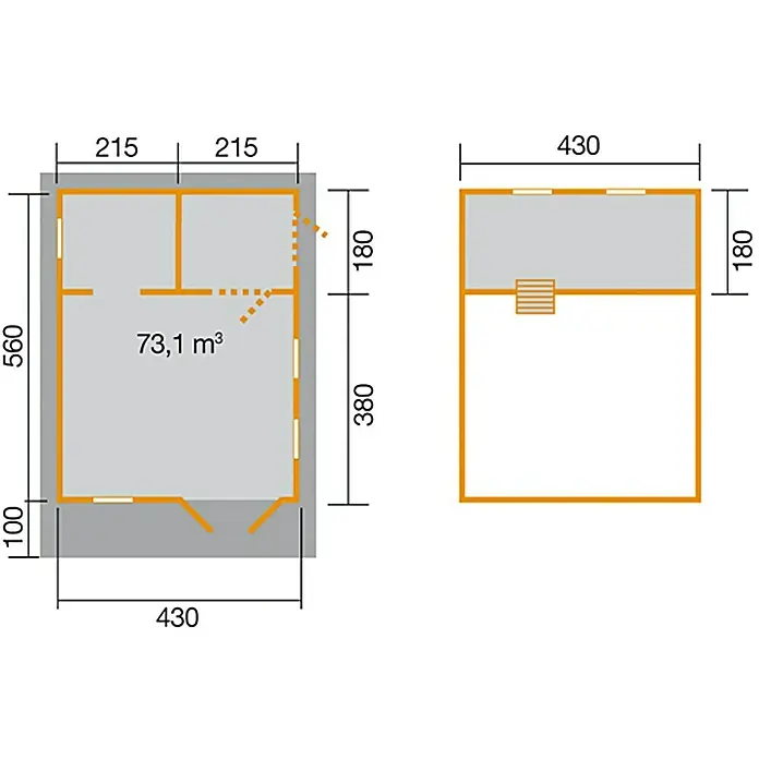 Weka Gartenhaus Müritz - Holz, Natur, Wandstärke: 45 mm, Grundfläche: 24,08 m² - Grundrisszeichnung eines rechteckigen Gartenhauses mit Abmessungen und Volumenangabe, Ansicht des Hauses von vorne mit Tür.