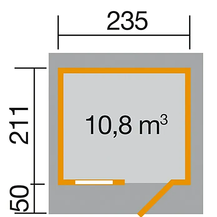 Weka Gartenhaus Milano - 28 mm, 4,94 m², Flachdach - Draufsicht auf ein graues Produktlayout mit orangefarbenen Umrandungen, das Abmessungen und eine Volumenangabe von 10,8 m³ zeigt.
