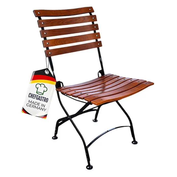 CHEFGASTRO Biergartenstuhl BAVARIA Made in Germany 1 Sitzer HxBxT 90x42x46cm klappbar wetterfest & UV-beständig Eschenholz Schwarz/Braun -  - Klappbarer Gartenstuhl mit braunen Holzlatten und schwarzem Metallgestell, mit 'ChefGastro'-Etikett.