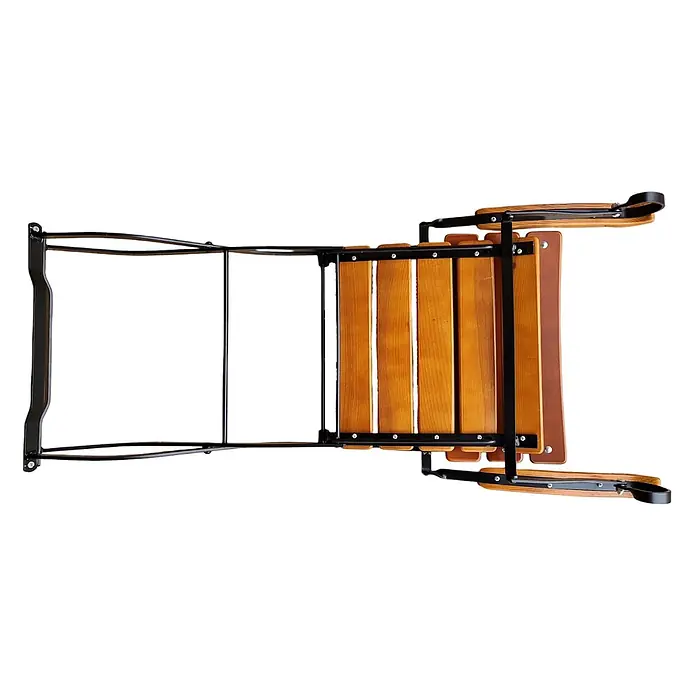 CHEFGASTRO Biergartenstuhl BERGWIESE mit Armlehne Made in Germany 1-Sitzer HxBxT 89x42x42cm wetterfest & UV-beständig Eschenholz Schwarz/Braun Biergartensessel -  - Holzschlitten mit schwarzem Metallrahmen und Kufen, von oben gesehen.