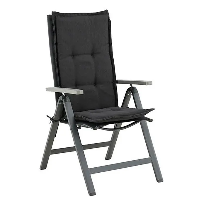 Ebuy24 Sitzauflage Cus - 1 Stk., L x B x H: 46 x 116 x 6 cm, Fasern, Schaum, Polyester., Schwarz - Grauer Klappstuhl für den Garten mit hellgrauen Armlehnen und schwarzer Polsterauflage.