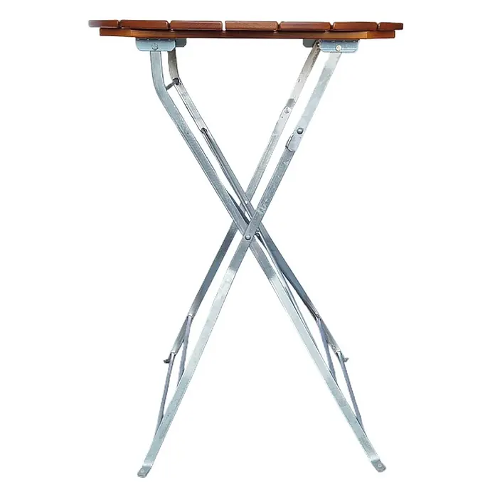 CHEFGASTRO Stehtisch WALDKRONE Made in Germany HxBxT 110x80x80cm  Ø80cm klappbar wetterfest & UV-beständig Eschenholz  Silber/Braun -  - Klapptisch mit brauner Lattenholzplatte und silbernen X-förmigen Metallbeinen.