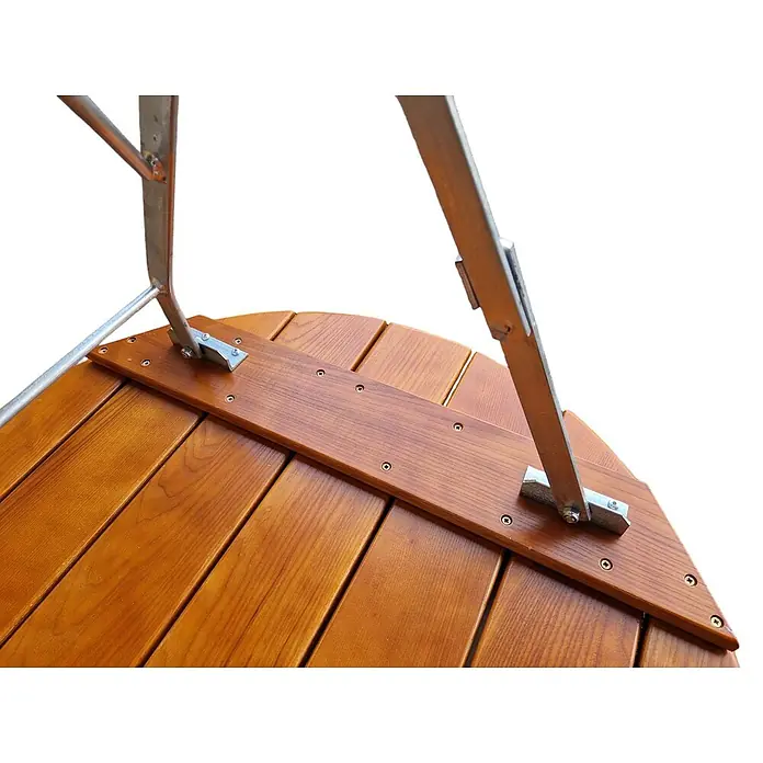 CHEFGASTRO Stehtisch WALDKRONE Made in Germany HxBxT 110x80x80cm  Ø80cm klappbar wetterfest & UV-beständig Eschenholz  Silber/Braun -  - Unterseite eines braunen Lattenholztisches mit befestigten silbernen Metallstützbeinen.