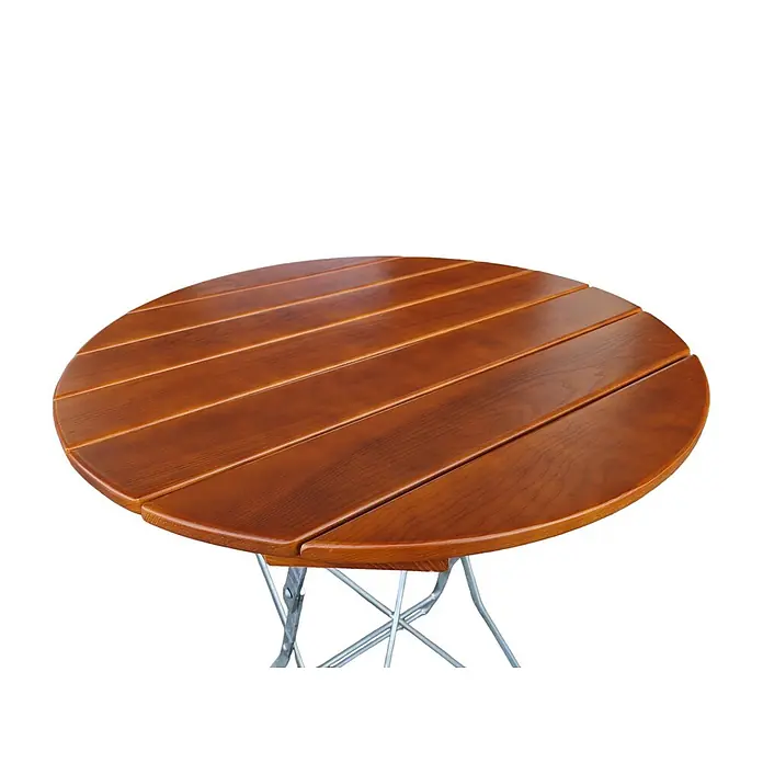 CHEFGASTRO Stehtisch WALDKRONE Made in Germany HxBxT 110x80x80cm  Ø80cm klappbar wetterfest & UV-beständig Eschenholz  Silber/Braun -  - Runder Holztisch mit rotbrauner Lattenplatte und klappbarem Metallgestell.