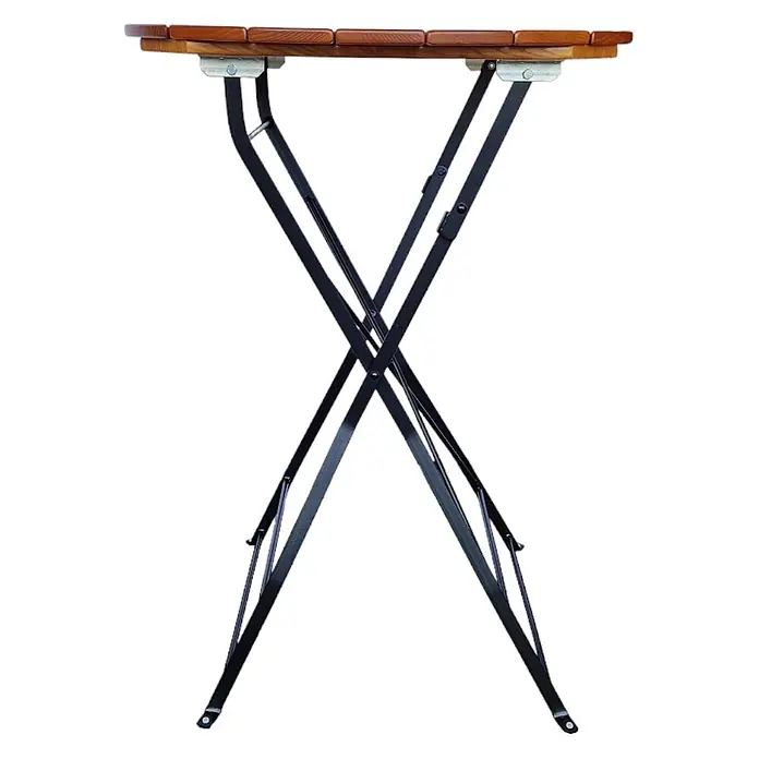 CHEFGASTRO Stehtisch WALDKRONE Made in Germany HxBxT 110x80x80cm  Ø80cm klappbar wetterfest & UV-beständig Eschenholz  Schwarz/Braun -  - Klappbarer Bistrotisch mit Holzlattenplatte und schwarzen Metall-X-Beinen.
