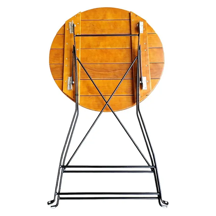CHEFGASTRO Stehtisch WALDKRONE Made in Germany HxBxT 110x80x80cm  Ø80cm klappbar wetterfest & UV-beständig Eschenholz  Schwarz/Braun -  - Runder Klapptisch aus Holz, Unteransicht, mit schwarzen Metallbeinen und Klappmechanismus.