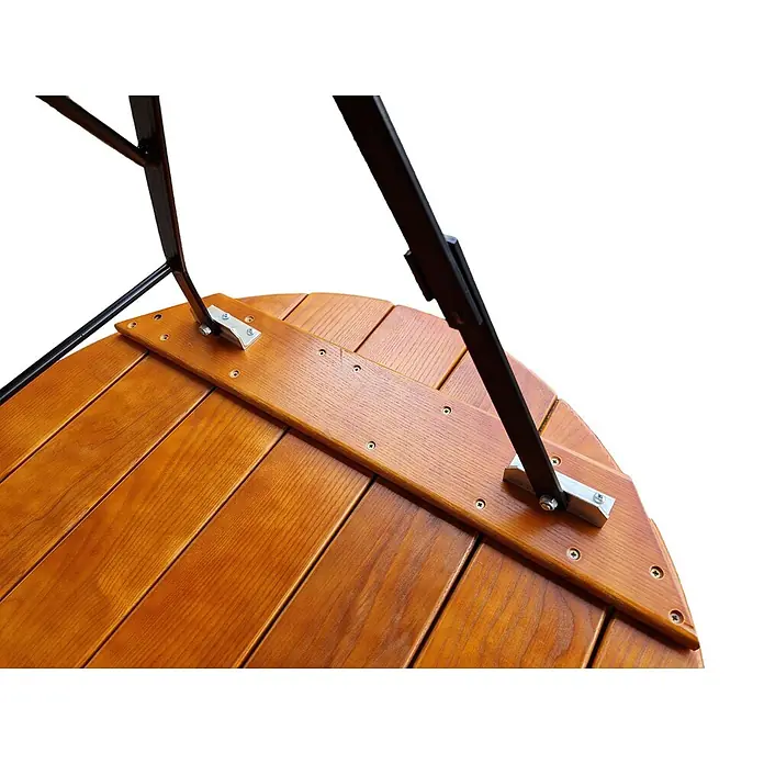 CHEFGASTRO Stehtisch WALDKRONE Made in Germany HxBxT 110x80x80cm  Ø80cm klappbar wetterfest & UV-beständig Eschenholz  Schwarz/Braun -  - Unterseite eines runden Holztisches mit hellbraunen Latten. Schwarze Metallklappbeine sind mit silbernen Halterungen befestigt.