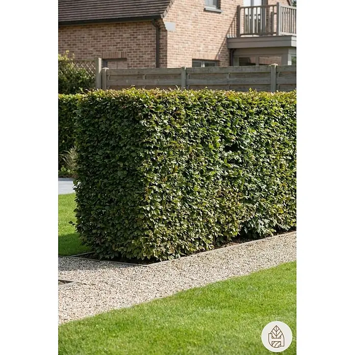 Heijnen Pflanzen Hainbuche - Fagus sylvatica, Topfgröße: 20 cm, Aktuelle Wuchshöhe: 60 cm - 80 cm - Eine dichte, grüne Hecke in einer Gartenanlage, die an einen Kiesweg und Rasen grenzt.