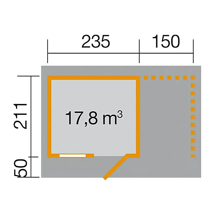 Weka Gartenhaus Milano Plus - Holz, Natur, Flachdach, 8,09 m² - Grundriss eines Gartenhauses mit Maßangaben und einer Fläche von 17,8 m³. Die Zeichnung zeigt die Anordnung und Größe des Hauses.