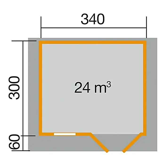 Weka Gartenhaus Rom - Außenmaß inkl. Dachüberstand (B x T): 420 x 374 cm, Holz, Natur, 10,2 m² - Grundriss mit den Maßen 340 x 300 und einer zusätzlichen Höhe von 60, was ein Volumen von 24 m³ ergibt.