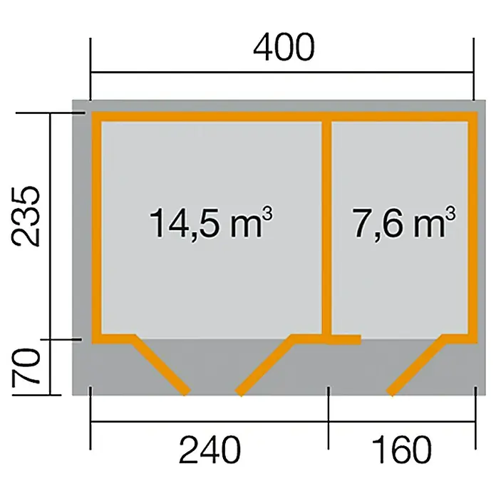 Weka Gartenhaus Palermo - Außenmaß inkl. Dachüberstand (B x T): 460 x 320 cm, Holz, Natur, 9,4 m² - Grundrisszeichnung eines Holzgartenhauses mit zwei Räumen und Maßen. Die Raumvolumen sind 14,5 m³ und 7,6 m³.