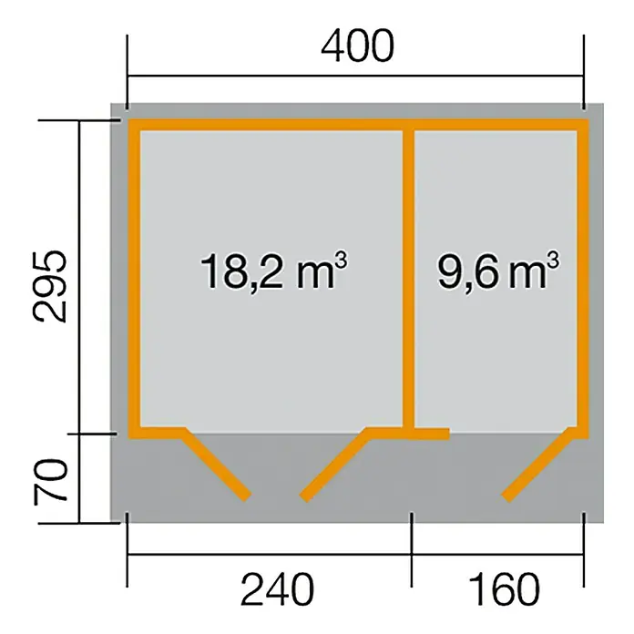 Weka Gartenhaus Palermo - Außenmaß inkl. Dachüberstand (B x T): 460 x 380 cm, Holz, Natur, 11,8 m² - Grundriss des Gartenhauses mit Maßangaben und Raumvolumen für beide Räume. Die Gesamtbreite beträgt 400 cm.