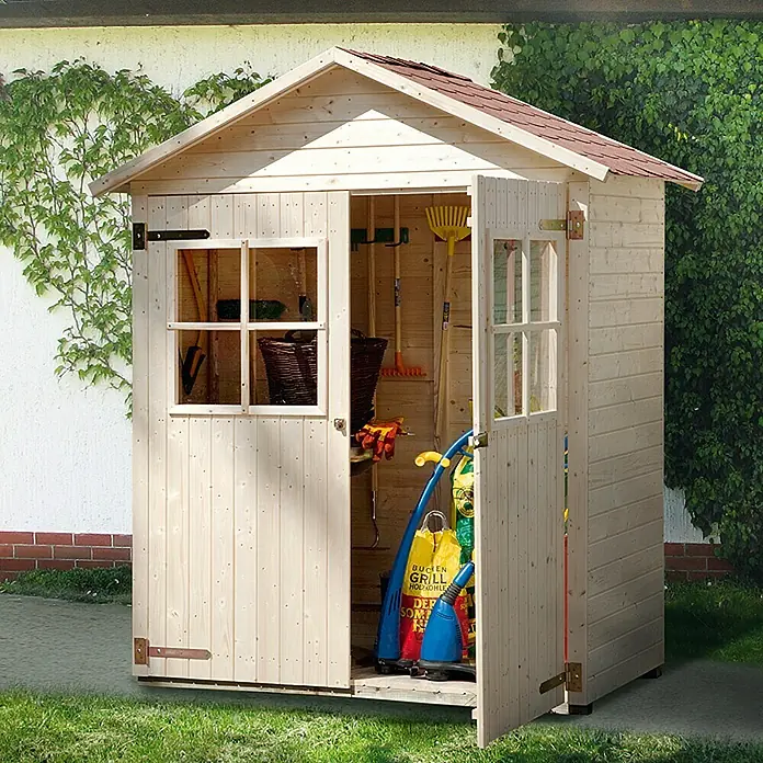 Weka Gartenschrank - L x B: 87 x 163 cm, Wandstärke: 14 mm - Holzgartenschuppen mit offenem Tür und zahlreichen Gartengeräten im Inneren, ideal für die Aufbewahrung von Werkzeugen und Geräten.
