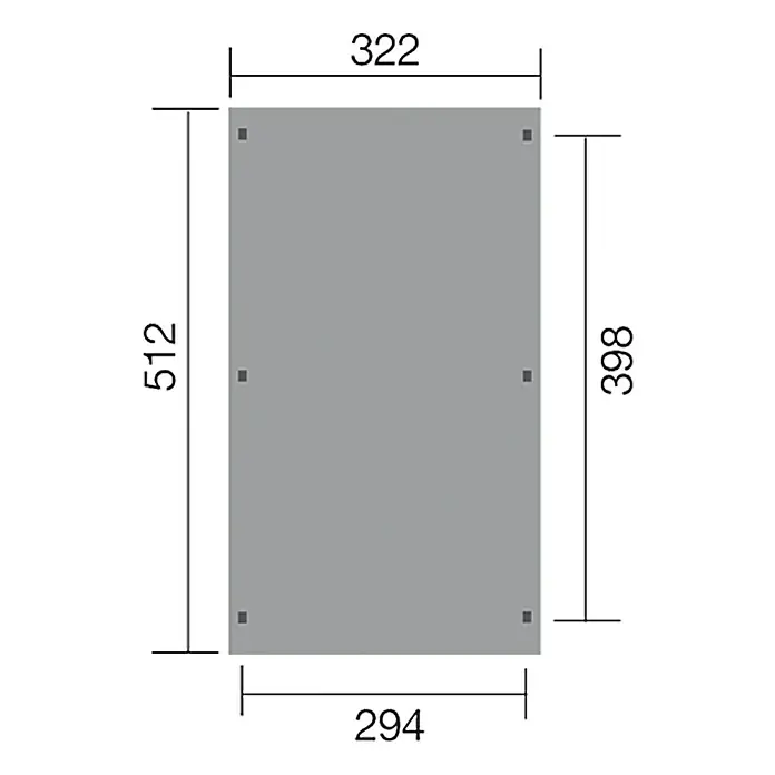Weka Carport Optima - Außenmaß inkl. Dachüberstand (B x T): 3,22 x 5,12 m, Einzelcarport, Kesseldruckimprägniert - Eine schematische Darstellung eines rechteckigen Produkts mit den Maßen 322 x 512 bzw. 294 x 398. Ideal zur technischen Dokumentation.