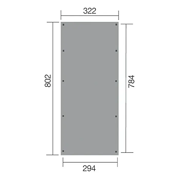 Weka Carport Optima - Außenmaß inkl. Dachüberstand (B x T): 3,22 x 8,02 m, Einzelcarport, Kesseldruckimprägniert - Produktabbildung mit Maßangaben: 322 (oben), 294 (unten), 802 (links) und 784 (rechts), die die Abmessungen des Artikels detailliert darstellen.