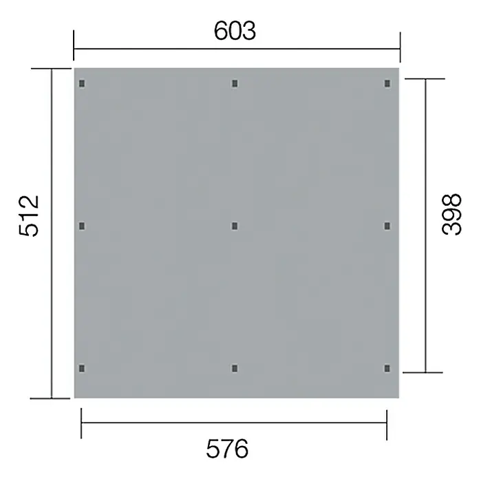 Weka Carport Optima Duo - Außenmaß inkl. Dachüberstand (B x T): 6,03 x 5,12 m, Doppelcarport, Kesseldruckimprägniert - Draufsicht eines quadratischen Produkts mit den Maßen 603 x 512 x 576 x 398 mm, dargestellt in einer technischen Zeichnung.