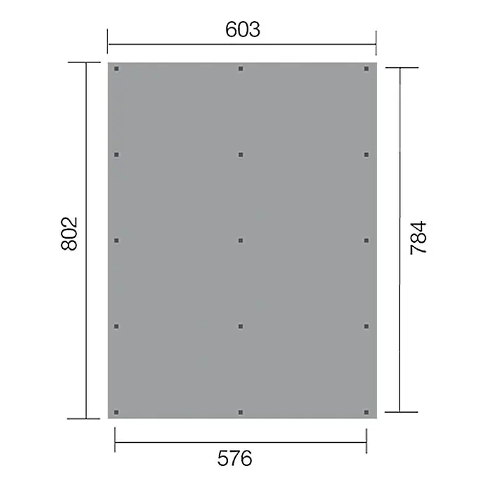 Weka Carport Optima Duo - Außenmaß inkl. Dachüberstand (B x T): 6,03 x 8,12 m, Doppelcarport, Kesseldruckimprägniert - Abbildung eines rechteckigen Objekts mit den Maßen 603 x 576 und 802 x 784. Dargestellt sind auch die Positionen quadratischer Elemente.