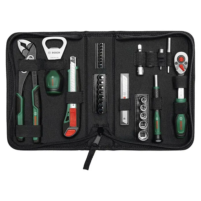 Bosch Adventskalender - Gesamtumfang: 44 -tlg. - Schwarzes Bosch Werkzeugset in Reißverschlusstasche mit grün-schwarzen Handwerkzeugen wie Zange, Cuttermesser, Flaschenöffner, Ratsche, Bits und Nüssen.