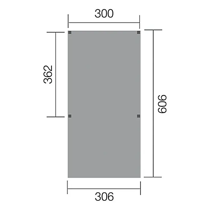 Weka Carport - Außenmaß inkl. Dachüberstand (B x T): 3,06 x 6,06 m, Einzelcarport - Technische Zeichnung eines rechteckigen Paneels mit den Maßen 300 x 362 und 306 x 909, ideal für Möbelbau und Design.