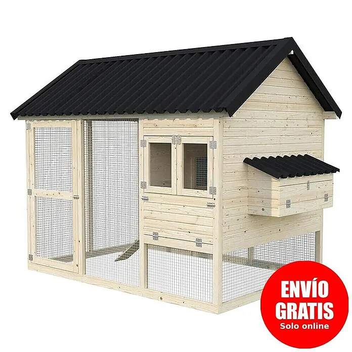 Palmako Caseta de jardín gallinero Chick - Medidas ext. (An x Pr): 352 x 237 cm, Madera, Natural - Gallinero de madera con techo negro, corral integrado y ponedero.