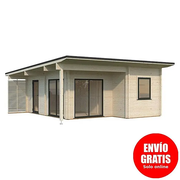 Palmako Caseta de jardín Cecilia - Medidas ext. (An x Pr): 813 x 680 cm, Madera, Natural - Moderna caseta de jardín de madera clara con techo plano, grandes puertas correderas de cristal y panel lateral de lamas.