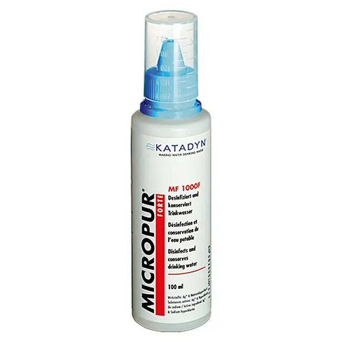 Katadyn Trinkwasserdesinfektion Micropur Forte MF 1.000F - 100 ml, Max. ausreichend für Flüssigkeitsmenge: 1.000 l, Mit Chlor, Flüssig - Nahaufnahme einer Flasche Micropur Forte zur Trinkwasserdesinfektion, ideal für Reisen und Outdoor-Aktivitäten.