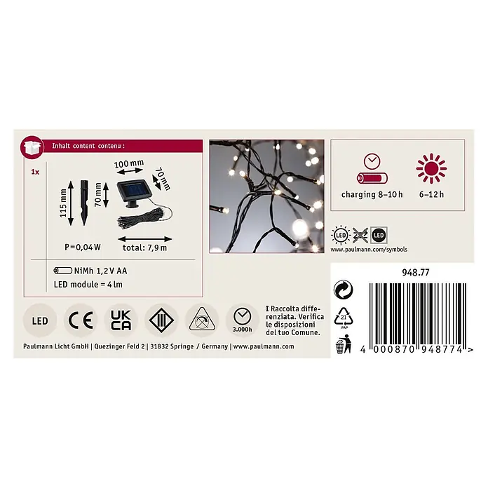 Paulmann LED-Solar-Lichterkette Aurinka - Länge: 7,9 m, Warmweiß, Anzahl Leuchtmittel: 60 Stk. - Solar-LED-Lichterkette mit schwarzem Kabel, Solarpanel und Erdspieß. Gesamtlänge 7,9m, Ladezeit 8-10h, Betrieb 6-12h.