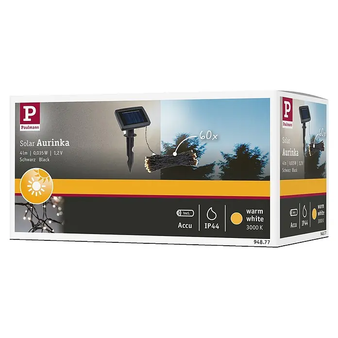 Paulmann LED-Solar-Lichterkette Aurinka - Länge: 7,9 m, Warmweiß, Anzahl Leuchtmittel: 60 Stk. - Paulmann Solar Aurinka Lichterkette, schwarz, 60 warmweiße LEDs, mit Solarpanel und IP44-Schutz.