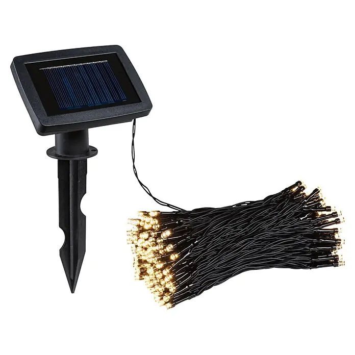 Paulmann LED-Solar-Lichterkette Aurinka - Länge: 21,9 m, Warmweiß, Anzahl Leuchtmittel: 200 Stk. - Schwarzes Solarpanel mit Erdspieß und warmweißer LED-Lichterkette.