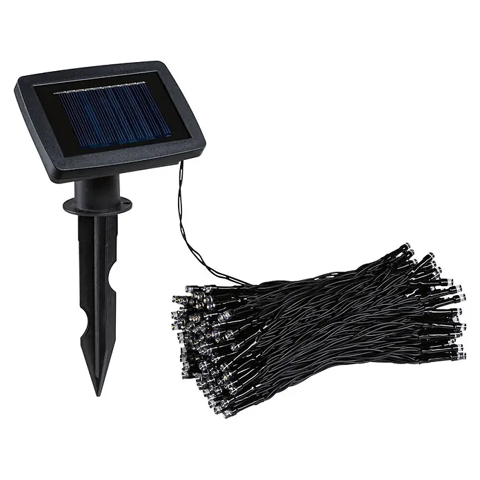 Paulmann LED-Solar-Lichterkette Aurinka - Länge: 21,9 m, Warmweiß, Anzahl Leuchtmittel: 200 Stk. - Schwarzes Solarpanel mit Erdspieß, verbunden mit aufgerollter schwarzer Lichterkette mit klaren LEDs.