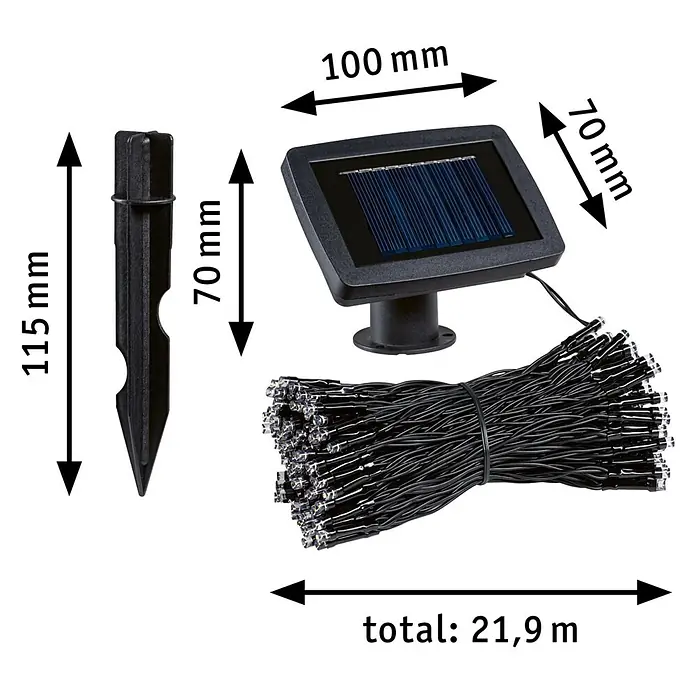 Paulmann LED-Solar-Lichterkette Aurinka - Länge: 21,9 m, Warmweiß, Anzahl Leuchtmittel: 200 Stk. - Schwarzes Solarpanel und Erdspieß mit einem gebündelten 21,9m schwarzen Lichterketten-Set.