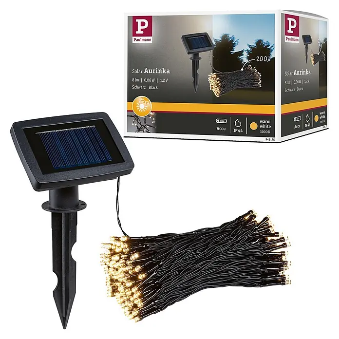 Paulmann LED-Solar-Lichterkette Aurinka - Länge: 21,9 m, Warmweiß, Anzahl Leuchtmittel: 200 Stk. - Solargartenleuchten mit schwarzem Solarmodul und Erdspieß, und aufgerollten warmweißen LED-Lichterketten.