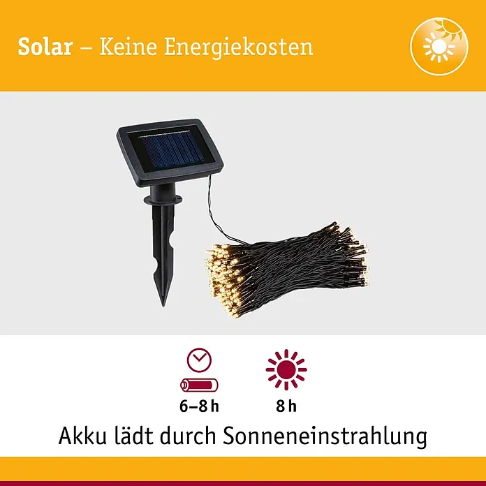 Paulmann LED-Solar-Lichterkette Aurinka - Länge: 21,9 m, Warmweiß, Anzahl Leuchtmittel: 200 Stk. - Solare Lichterkette mit schwarzem Solarpanel auf Erdspieß und einem Bündel warmweißer LED-Leuchten.