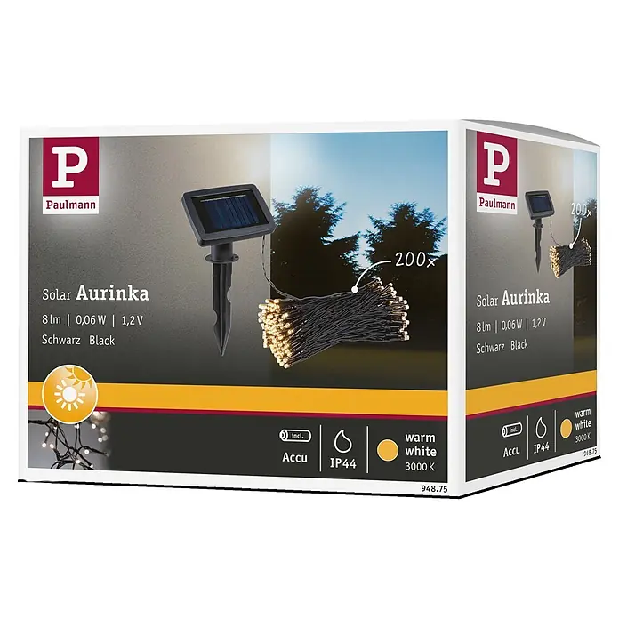 Paulmann LED-Solar-Lichterkette Aurinka - Länge: 21,9 m, Warmweiß, Anzahl Leuchtmittel: 200 Stk. - Produktverpackung für Paulmann Solar Aurinka Lichterkette, zeigt Solarpanel-Erdspieß und 200 warmweiße LEDs.