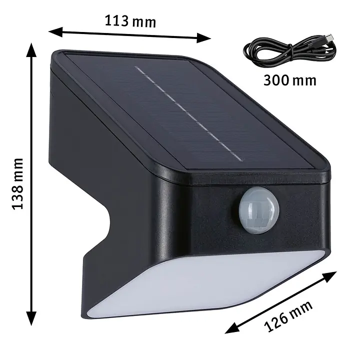 Paulmann Solarleuchte Lesly - Lichtfarbe: Warmweiß, LED, Höhe: 138 mm - Schwarze Solar-LED-Wandleuchte mit Bewegungssensor und Ladekabel. Maße: 113x138x126 mm.