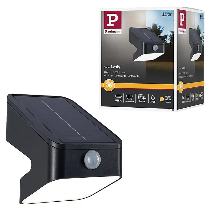 Paulmann Solarleuchte Lesly - Lichtfarbe: Warmweiß, LED, Höhe: 138 mm - Anthrazitfarbene Solar-Wandleuchte mit integriertem Solarpanel, Bewegungssensor und warmweißer Lichtleiste unten.