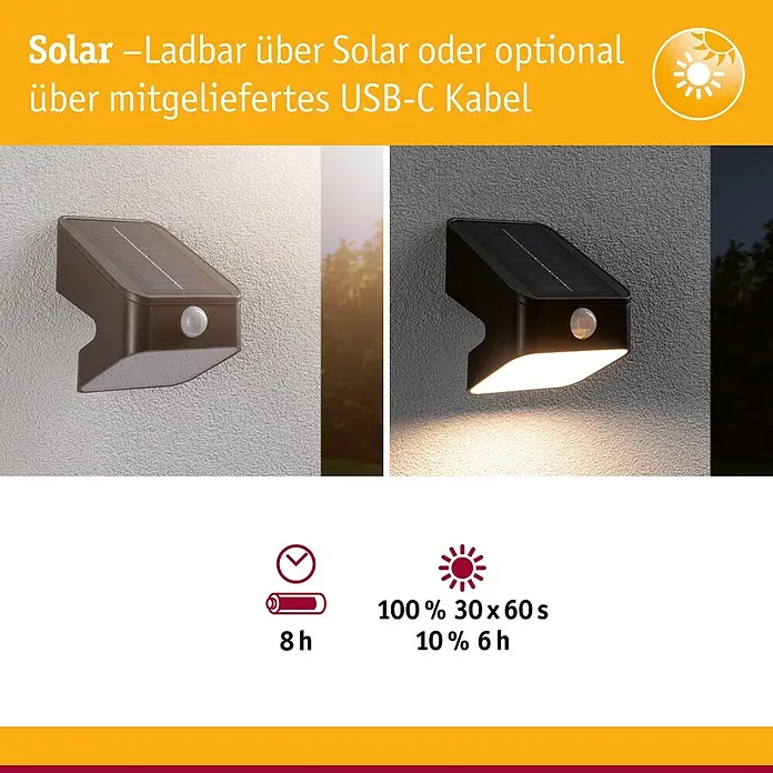 Paulmann Solarleuchte Lesly - Lichtfarbe: Warmweiß, LED, Höhe: 138 mm - Anthrazitfarbene Solar-Wandleuchte mit Bewegungssensor. Lädt per Solar oder USB-C. Zeigt Leuchtdauer und Helligkeitsmodi.