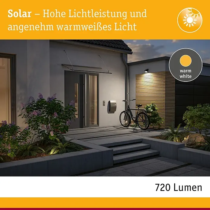Paulmann Solarleuchte Lesly - Lichtfarbe: Warmweiß, LED, Höhe: 138 mm - Solar-Außenleuchten beleuchten Hauszugang und Gartenweg mit warmweißem Licht. Bieten 720 Lumen für helle, angenehme Atmosphäre.