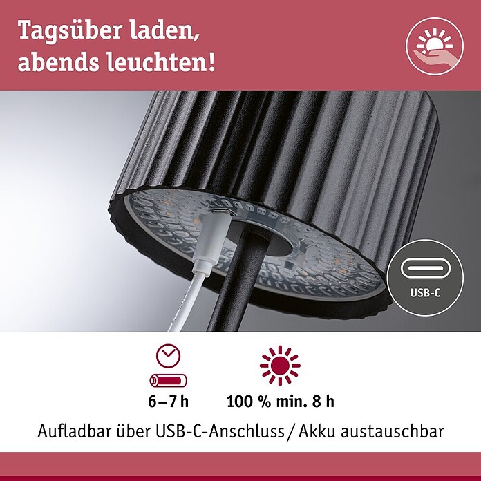 Paulmann Solar-Tischleuchte Else (Schwarz, IP44, Ø x H: 102 x 305 mm) | BAUHAUS