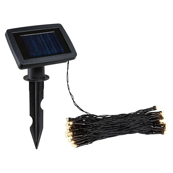 Paulmann LED-Solar-Lichterkette Aurinka - Länge: 7,9 m, Warmweiß, Anzahl Leuchtmittel: 60 Stk. - Schwarzes Solarpanel mit Erdspieß, verbunden mit einer aufgewickelten Lichterkette mit warmweißen LEDs.