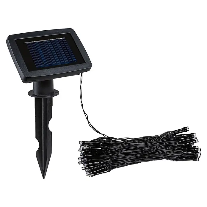 Paulmann LED-Solar-Lichterkette Aurinka - Länge: 7,9 m, Warmweiß, Anzahl Leuchtmittel: 60 Stk. - Schwarzes Solarpanel mit Erdspieß, verbunden mit einer aufgewickelten Lichterkette aus schwarzen LEDs.