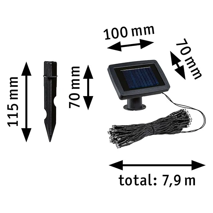 Paulmann LED-Solar-Lichterkette Aurinka - Länge: 7,9 m, Warmweiß, Anzahl Leuchtmittel: 60 Stk. - Schwarze Solar-LED-Lichterkette mit Panel (100x70mm) und 115mm Erdspieß. Gesamtlänge 7,9m.