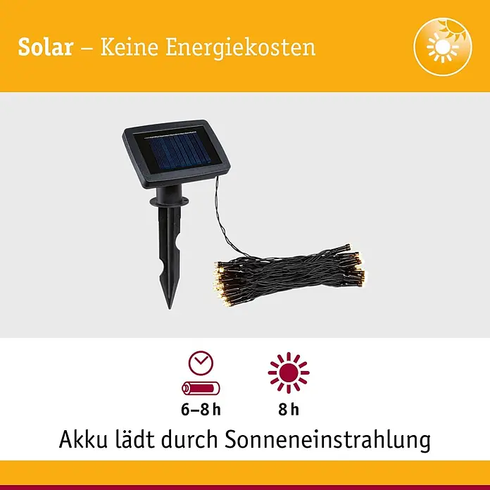 Paulmann LED-Solar-Lichterkette Aurinka - Länge: 7,9 m, Warmweiß, Anzahl Leuchtmittel: 60 Stk. - Schwarzes Solarpanel auf Erdspieß, verbunden mit warmweißer LED-Lichterkette. Solarenergie eliminiert Energiekosten.