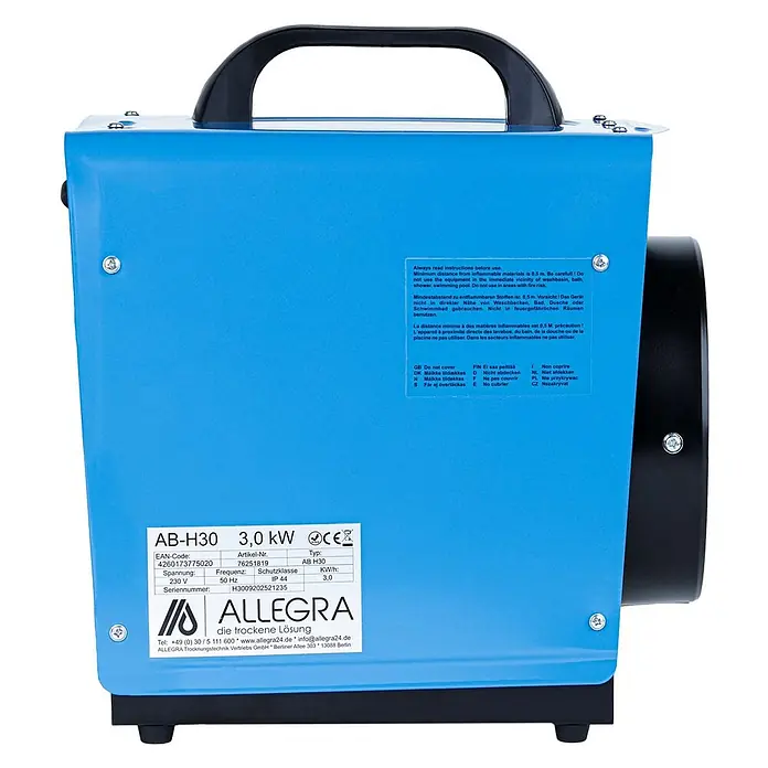 ALLEGRA Heizlüfter AB-H30 3,0 kW 230 V -  - Blauer Elektro-Heizlüfter mit schwarzem Griff und Metallgehäuse, zeigt Produktetikett mit technischen Daten.